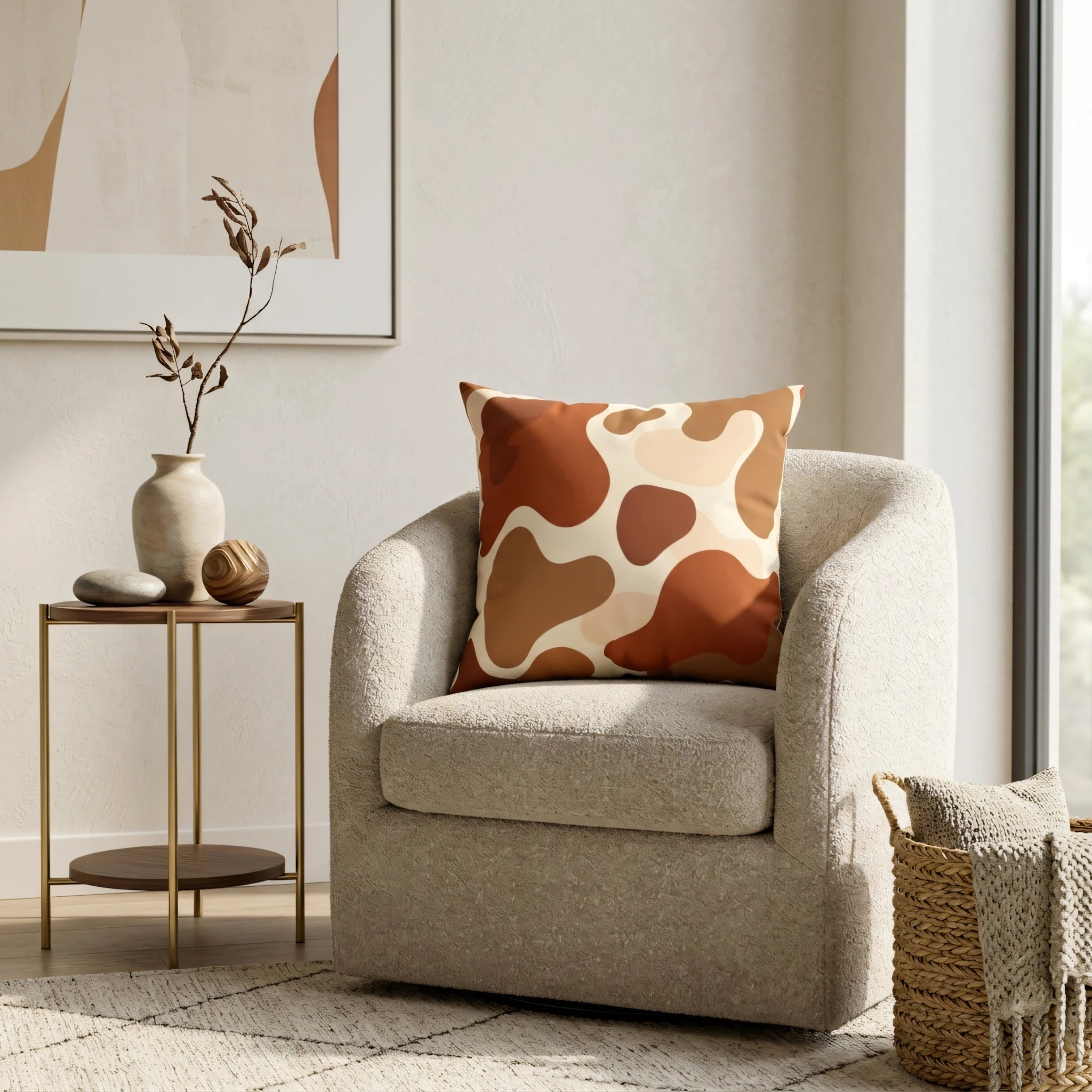 Abstract brown and beige patterned throw pillow on a textured cream armchair in a modern minimalist living room with warm natural lighting.