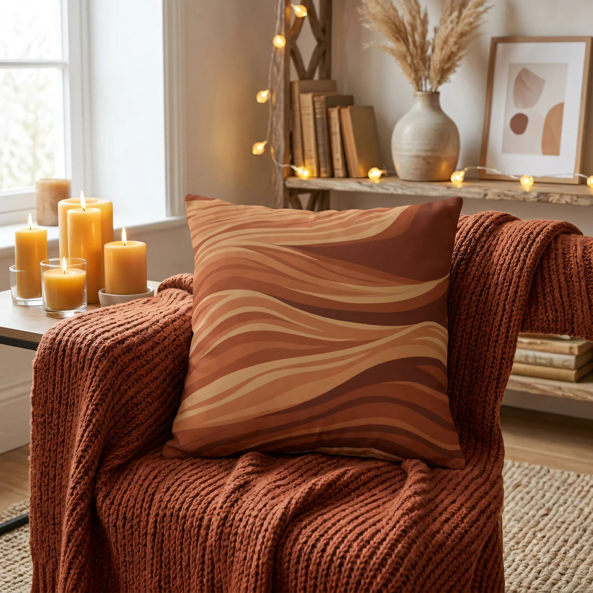 Amber Strata Throw Pillow Marron and, lifestyle view.