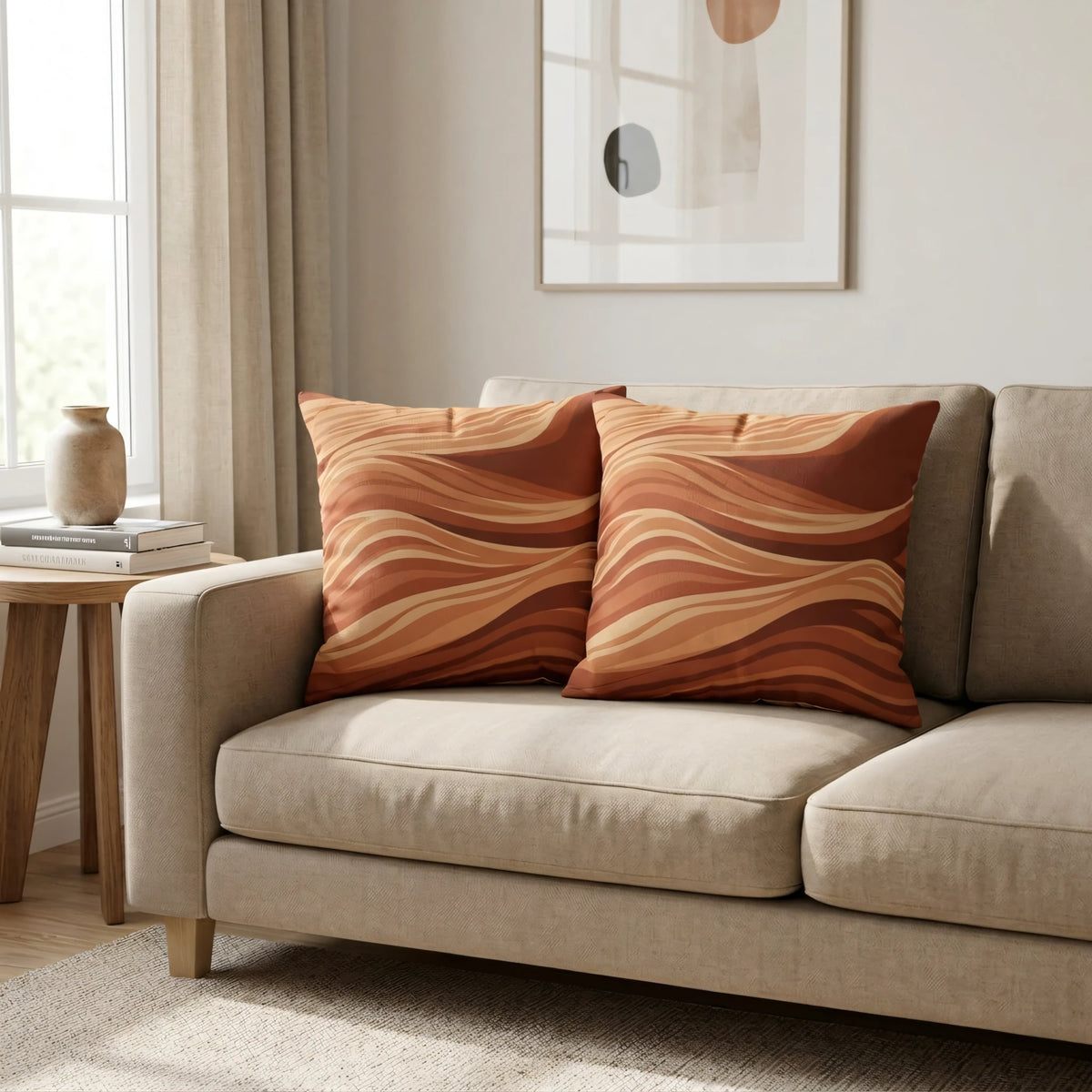 Amber Strata Throw Pillow Marron and, lifestyle view.