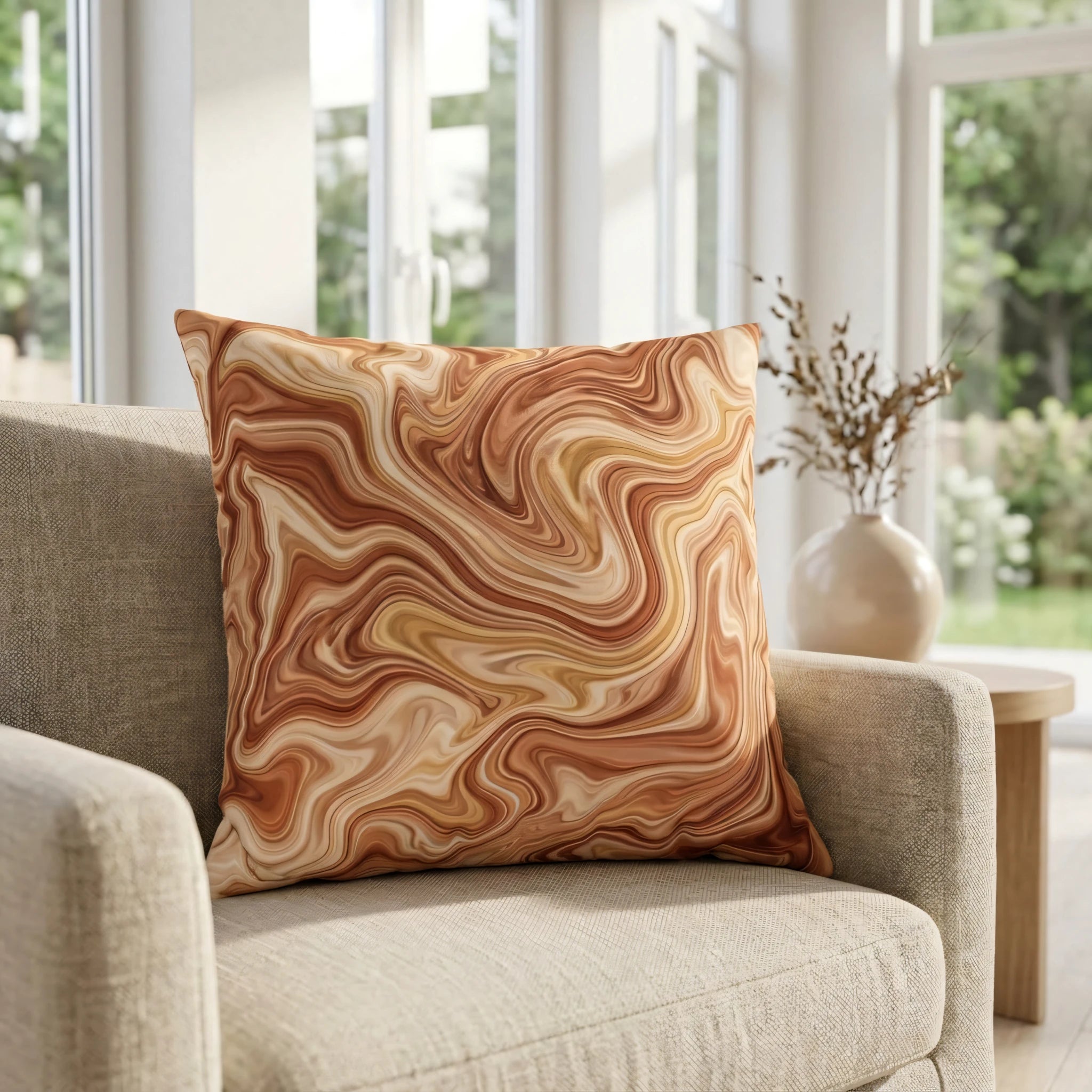 Terracotta marble pattern throw pillow on a beige armchair in a bright, sunlit living room with modern home decor and natural light.
