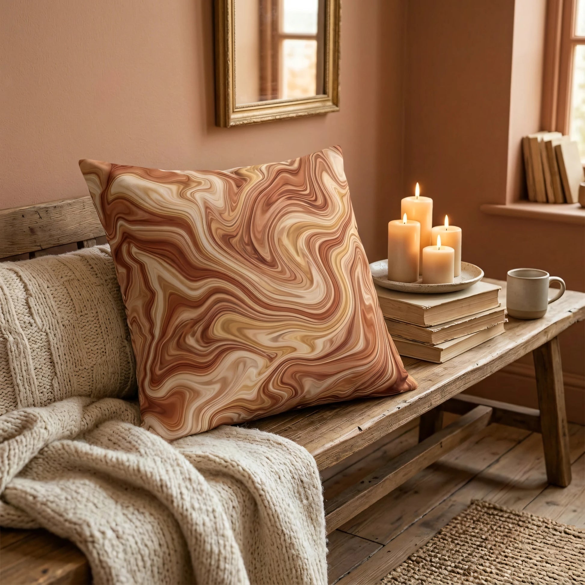 Brown marble swirl cushion on a rustic wooden bench with candles and a knit throw blanket in a cozy, warm-toned living room setting.