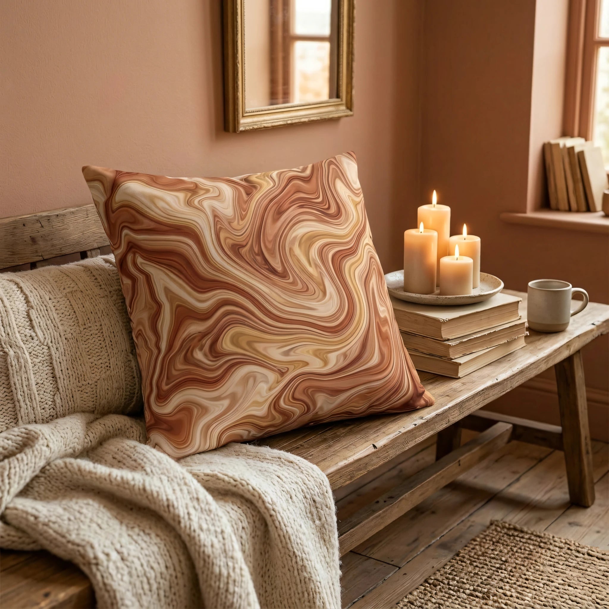Brown marble swirl cushion on a rustic wooden bench with candles and a knit throw blanket in a cozy, warm-toned living room setting.