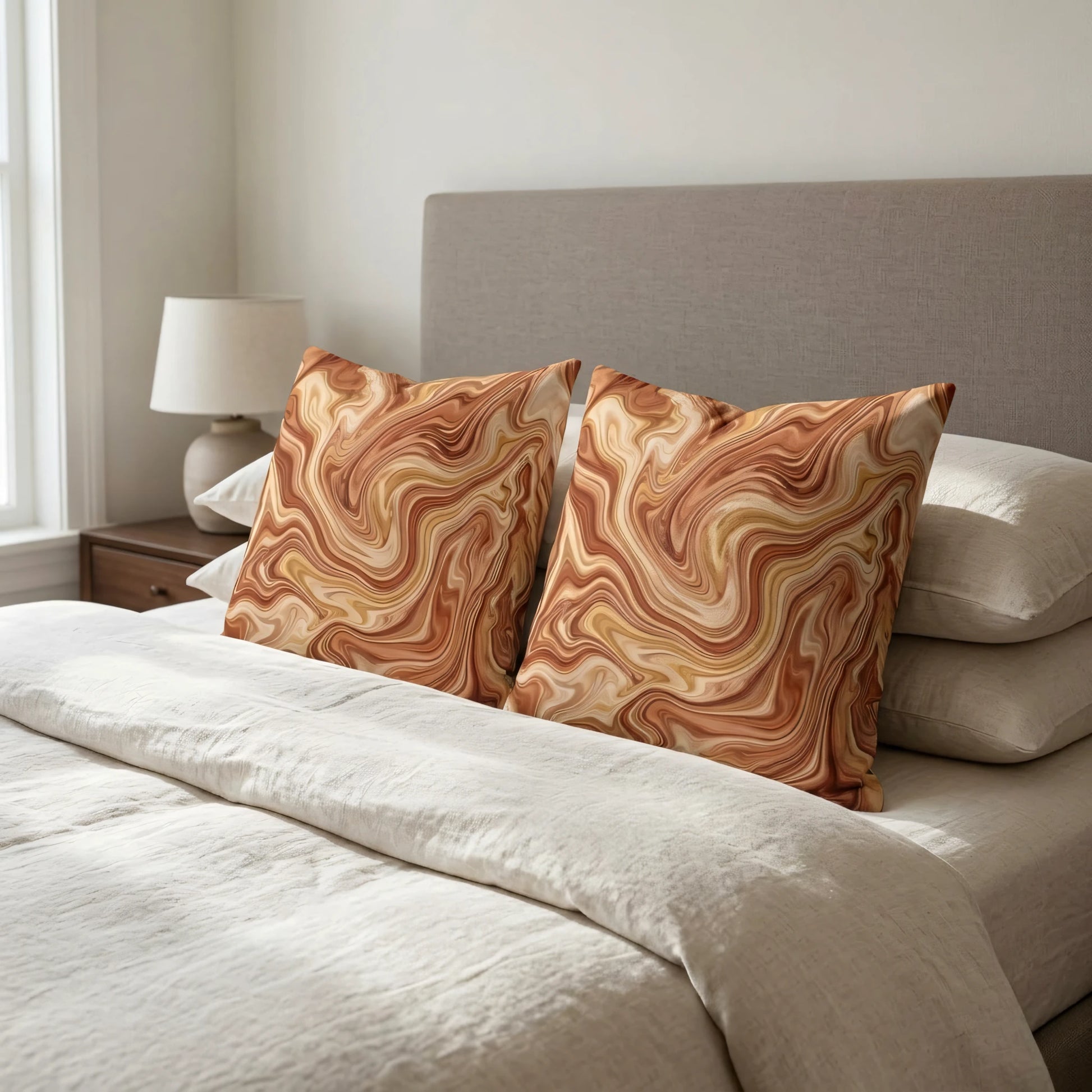 Two square pillows featuring a warm brown and tan marbled design on a white bed with a gray headboard in a sunlit bedroom setting.