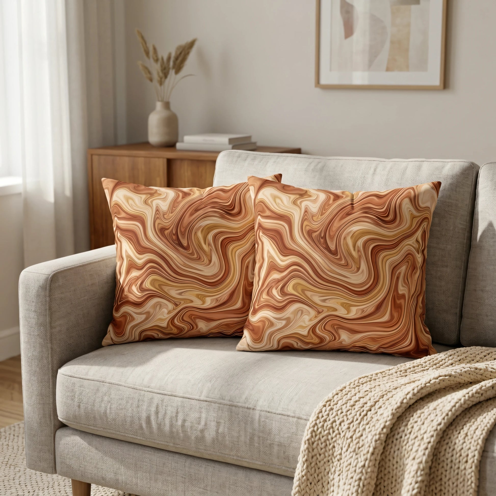 Set of two decorative pillows featuring a brown and tan marble swirl pattern on a gray sofa in a neutral living room lifestyle scene.