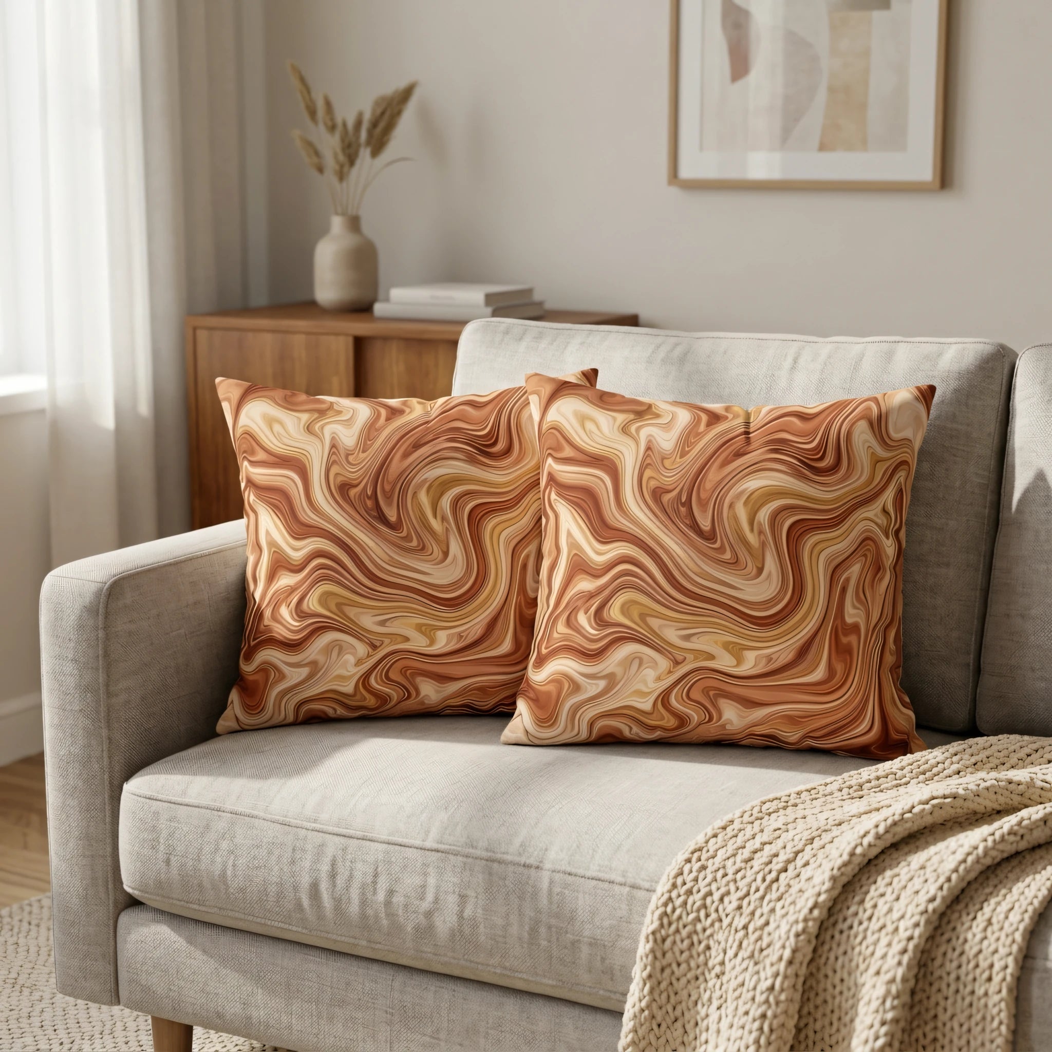 Set of two decorative pillows featuring a brown and tan marble swirl pattern on a gray sofa in a neutral living room lifestyle scene.