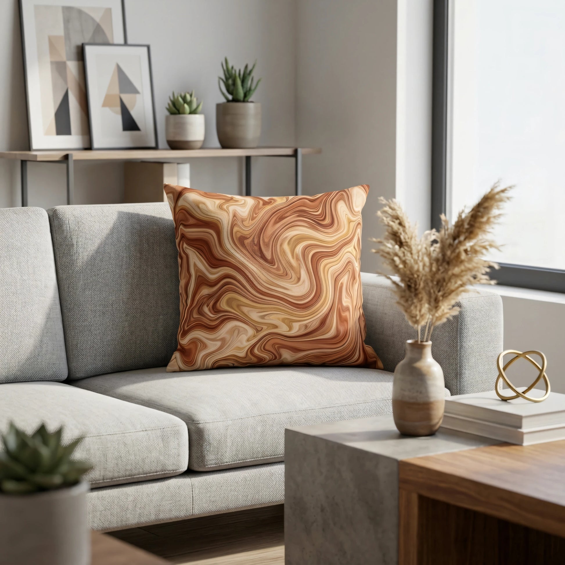 Brown and tan marbled throw pillow on a light gray couch in a modern living room setting with minimalist plants and decor.
