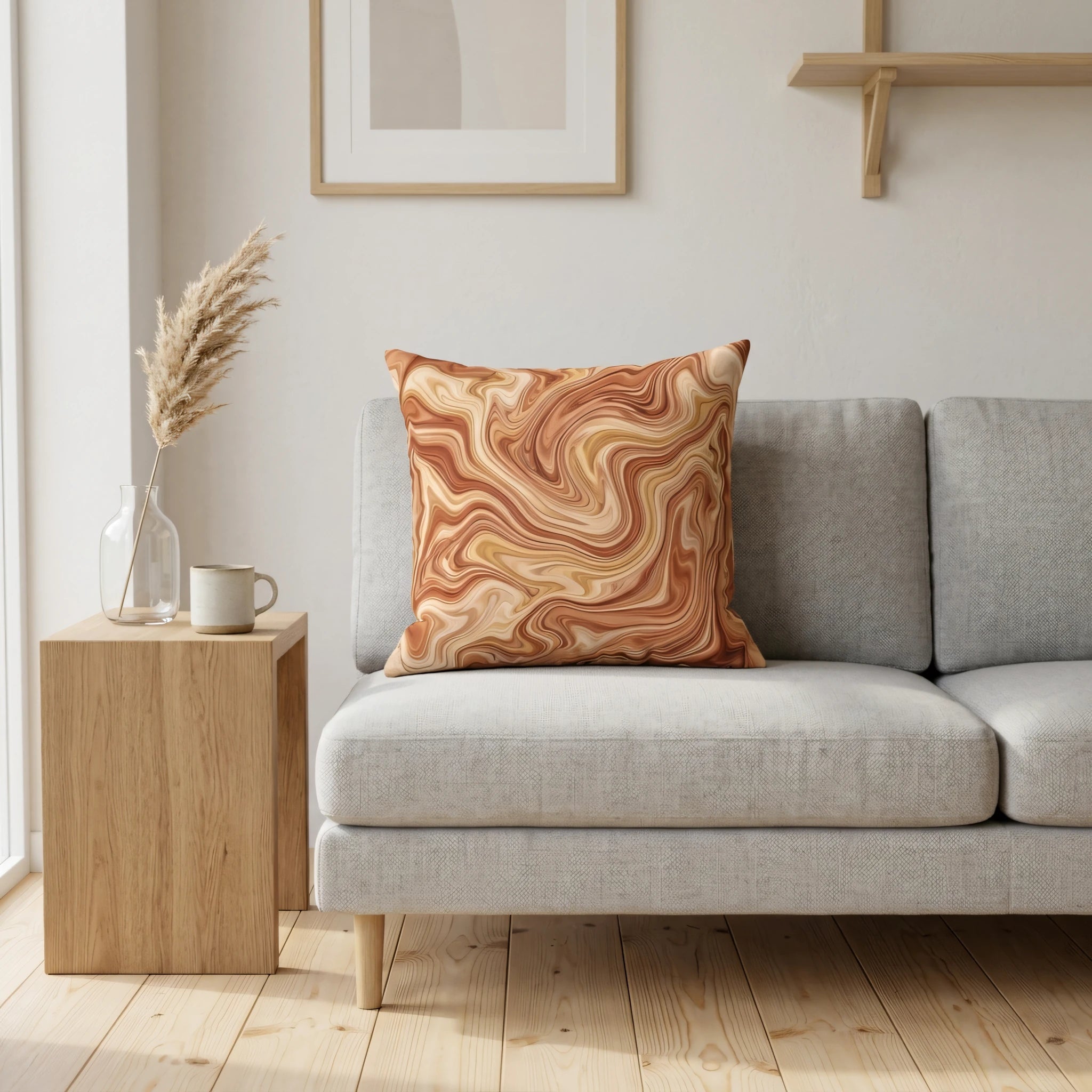 Brown and tan marbled decorative pillow on a grey sofa in a minimalist living room featuring light wood floors and neutral decor.