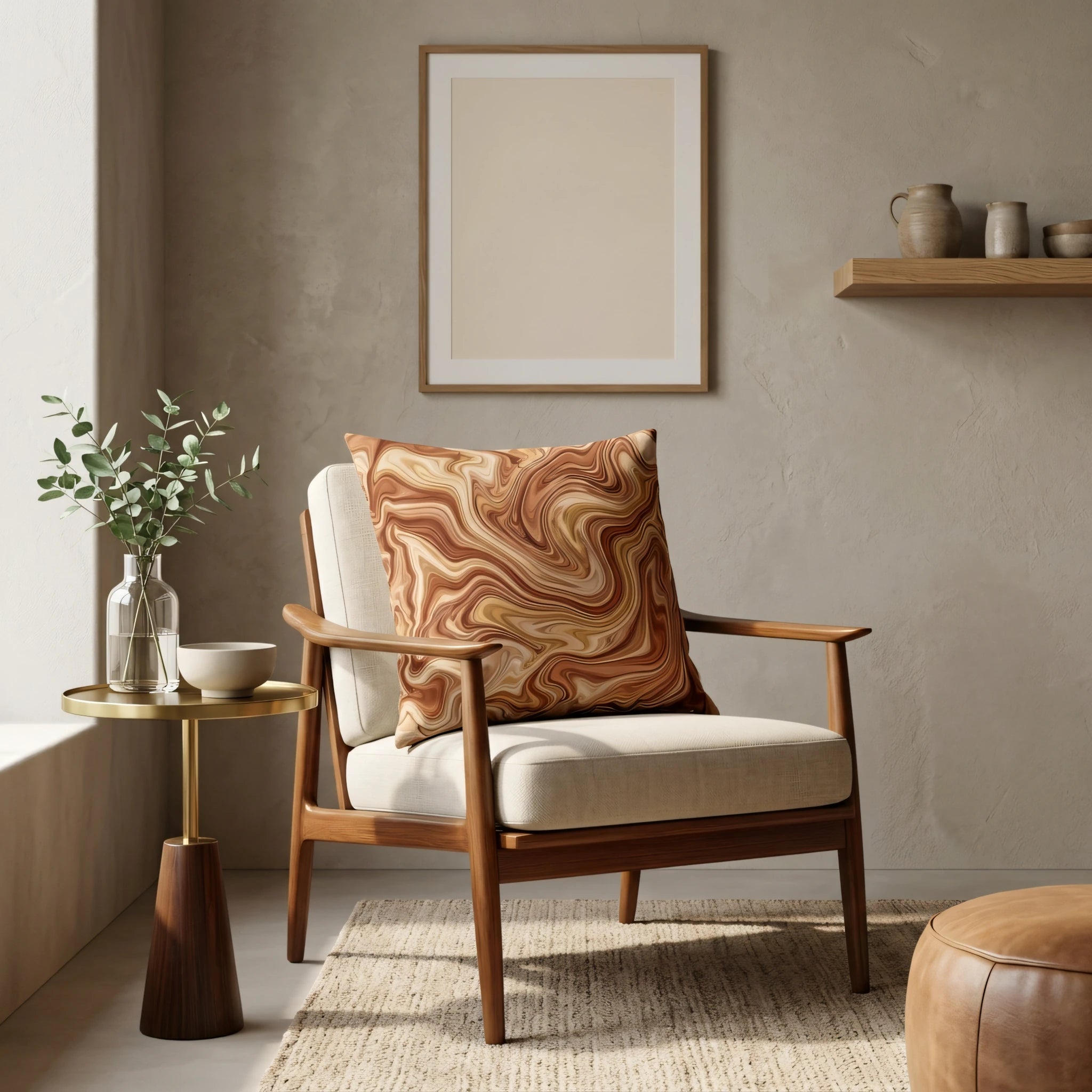 Modern brown marble pattern throw cushion on a wooden armchair in a minimalist living room setting with neutral earthy tones.