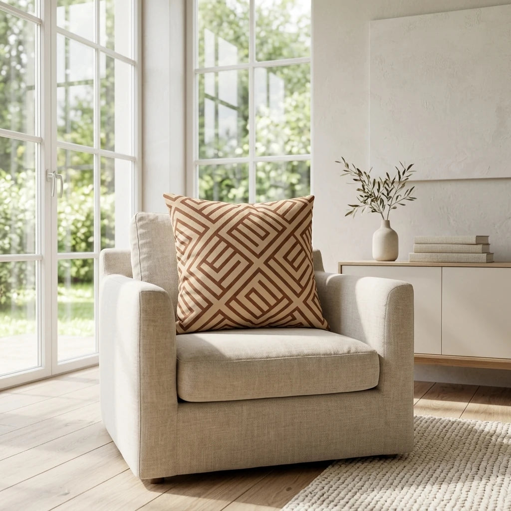 Modern brown geometric pattern pillow on a cream armchair in a bright, airy living room with natural light.
