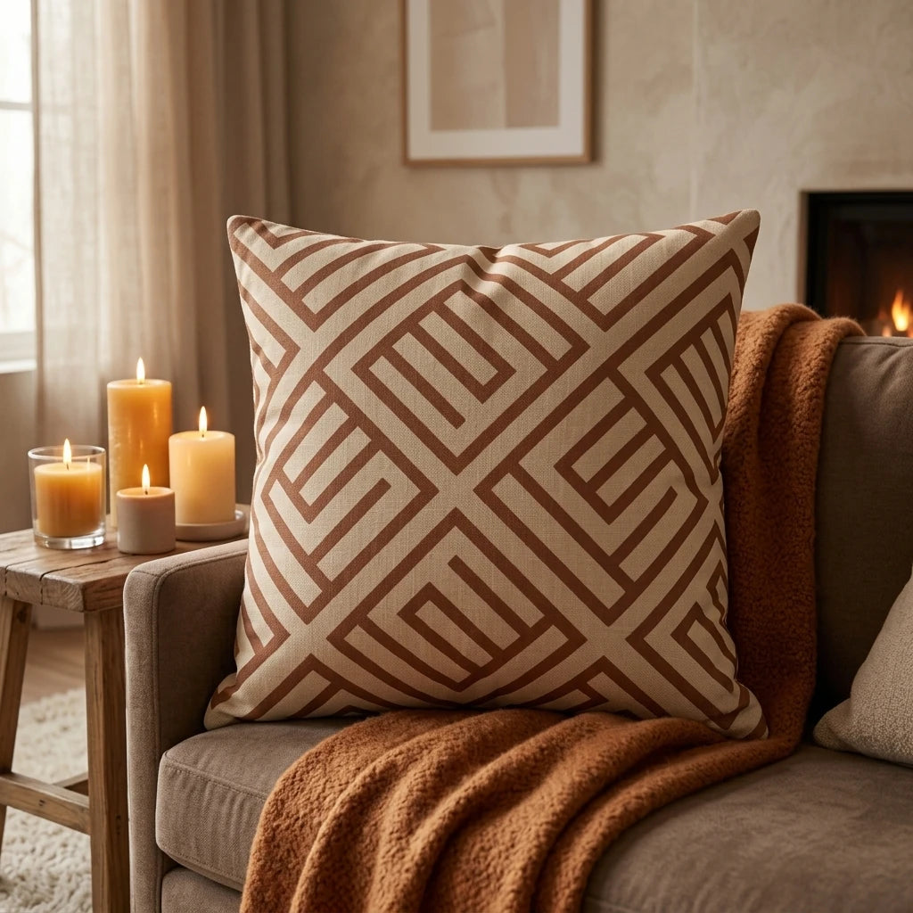 Terracotta geometric pattern throw pillow on a grey sofa with a warm blanket and candles in a cozy living room setting.