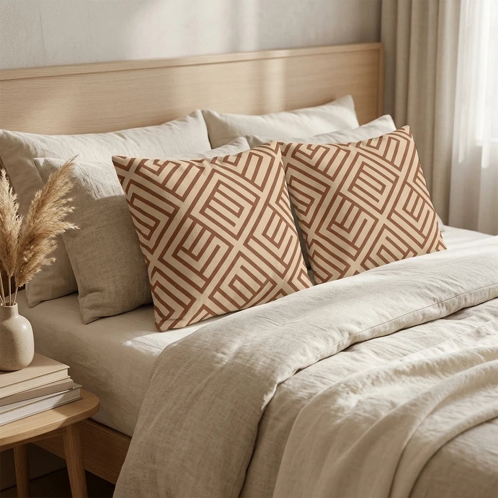 Two square cushions with a brown geometric labyrinth pattern on a beige linen bed in a modern minimalist bedroom lifestyle setting.