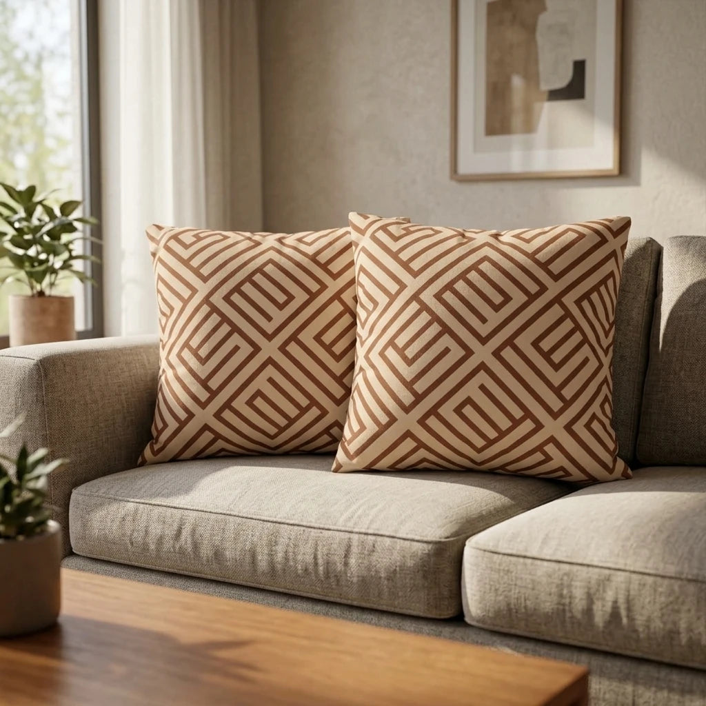 A pair of decorative cushions with a brown geometric pattern displayed on a neutral sofa in a bright, modern living room lifestyle setting.