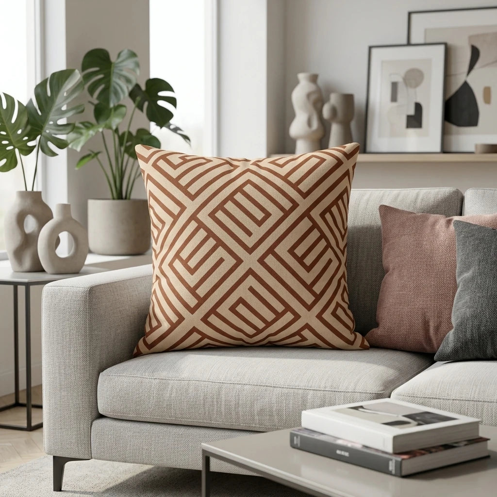 Brown and cream geometric throw pillow on a grey sofa in a modern living room lifestyle scene with minimalist decor and indoor plants.