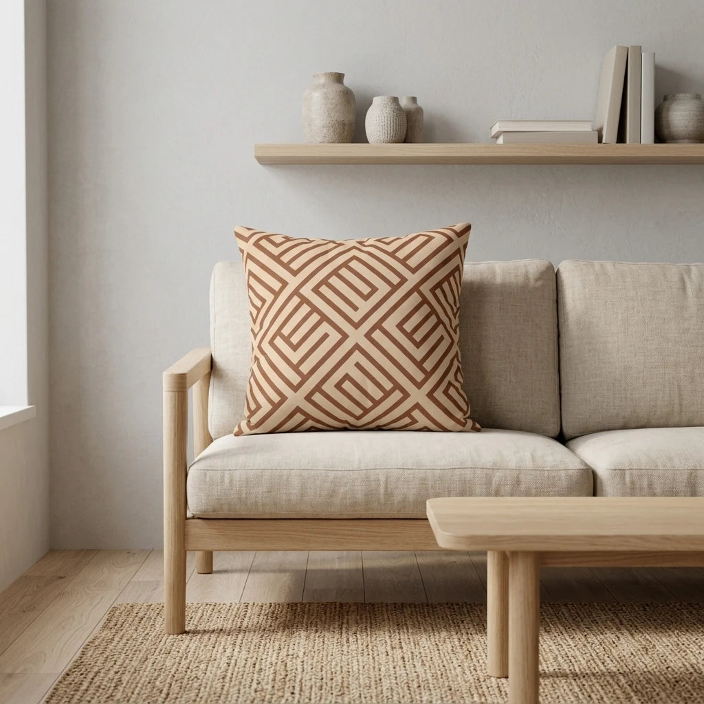 Brown geometric pattern pillow on a minimalist beige sofa in a modern living room with light wood furniture and neutral decor.