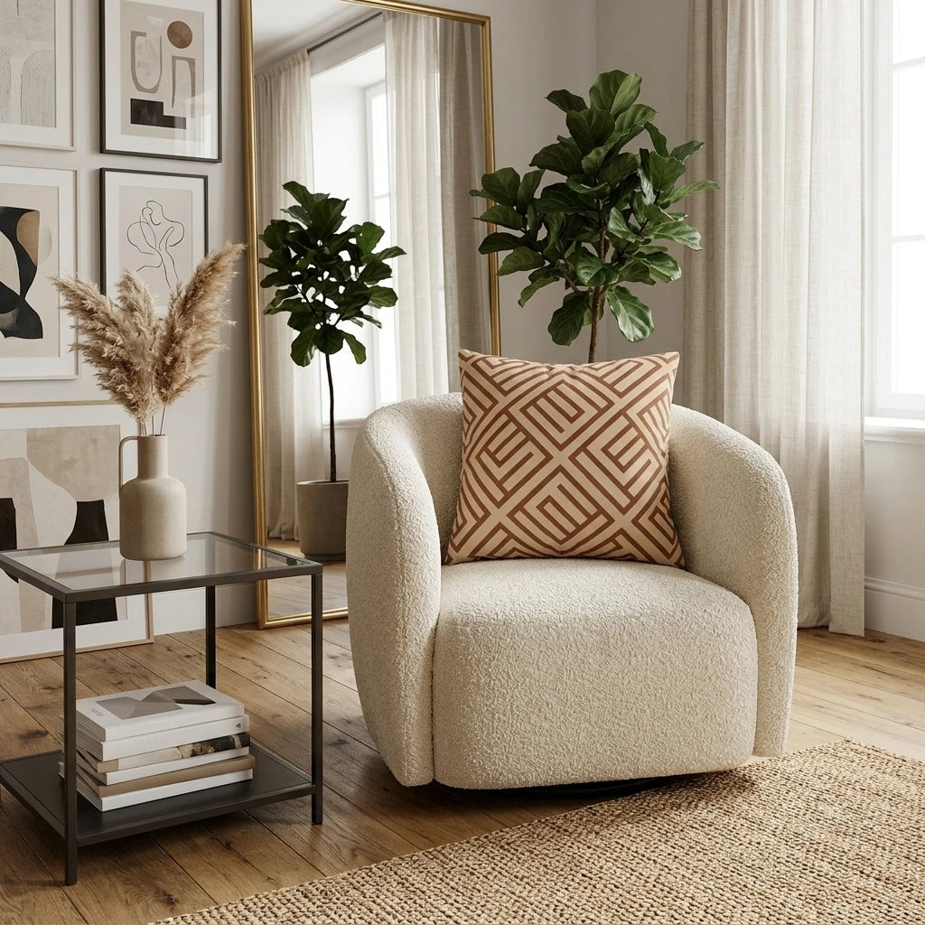 Brown geometric patterned cushion on a white bouclé armchair in a stylish living room with minimalist decor and a fiddle leaf fig.