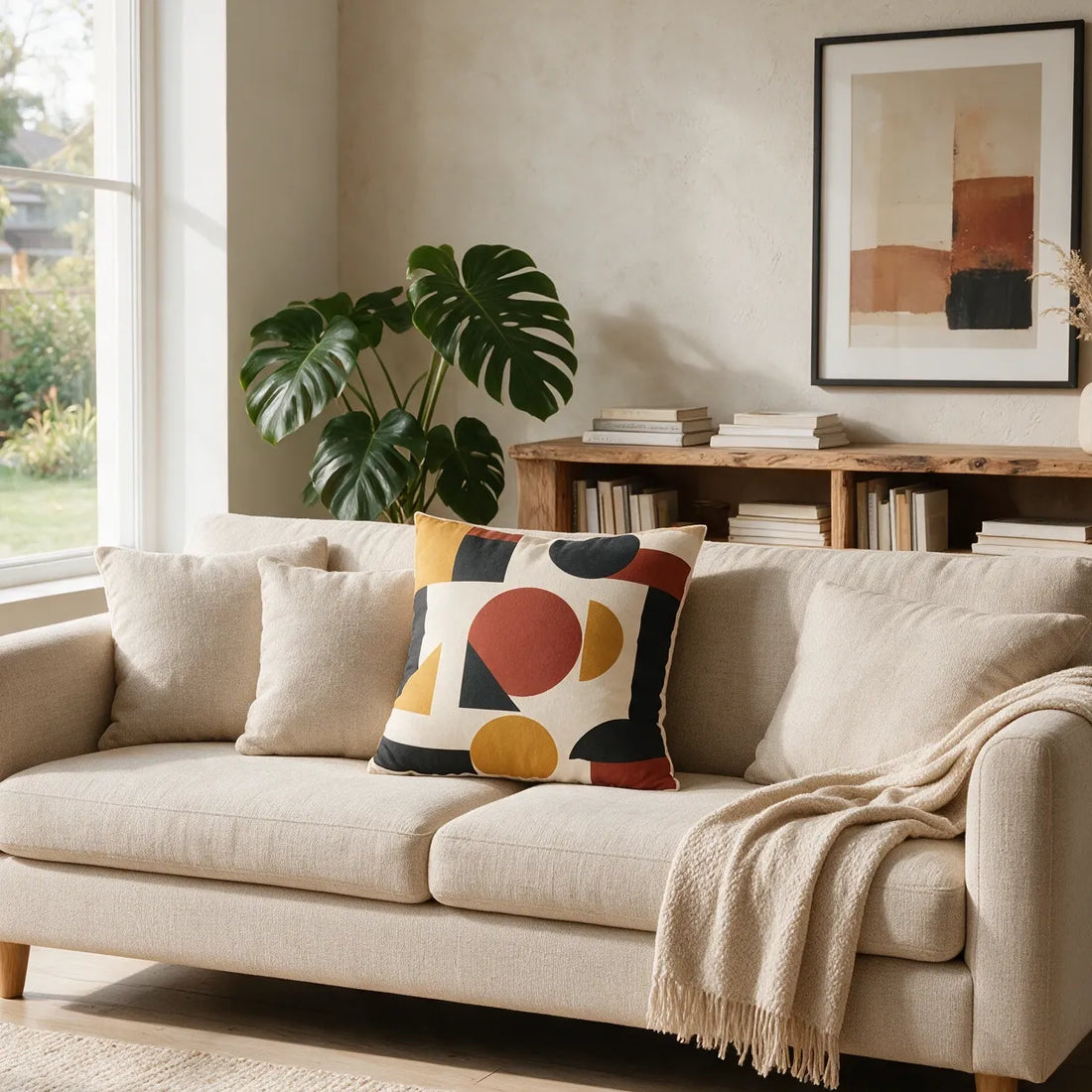 Front view of Bauhaus Geometric Cushion Cover - Rust & Ochre Modernist Art on a white background.