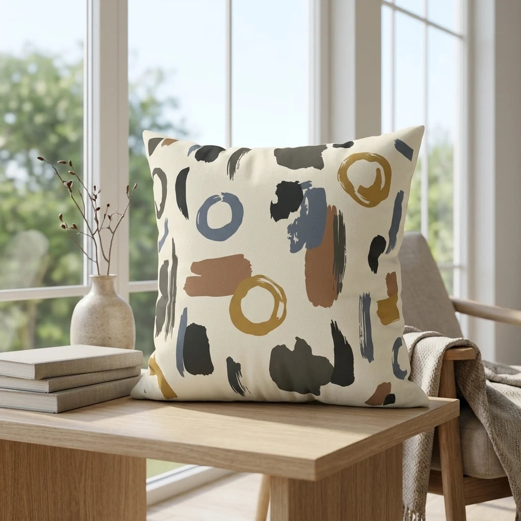 Decorative throw pillow with modern abstract brushstrokes in earthy tones on a wooden table in a bright, sunlit room with books and a vase.