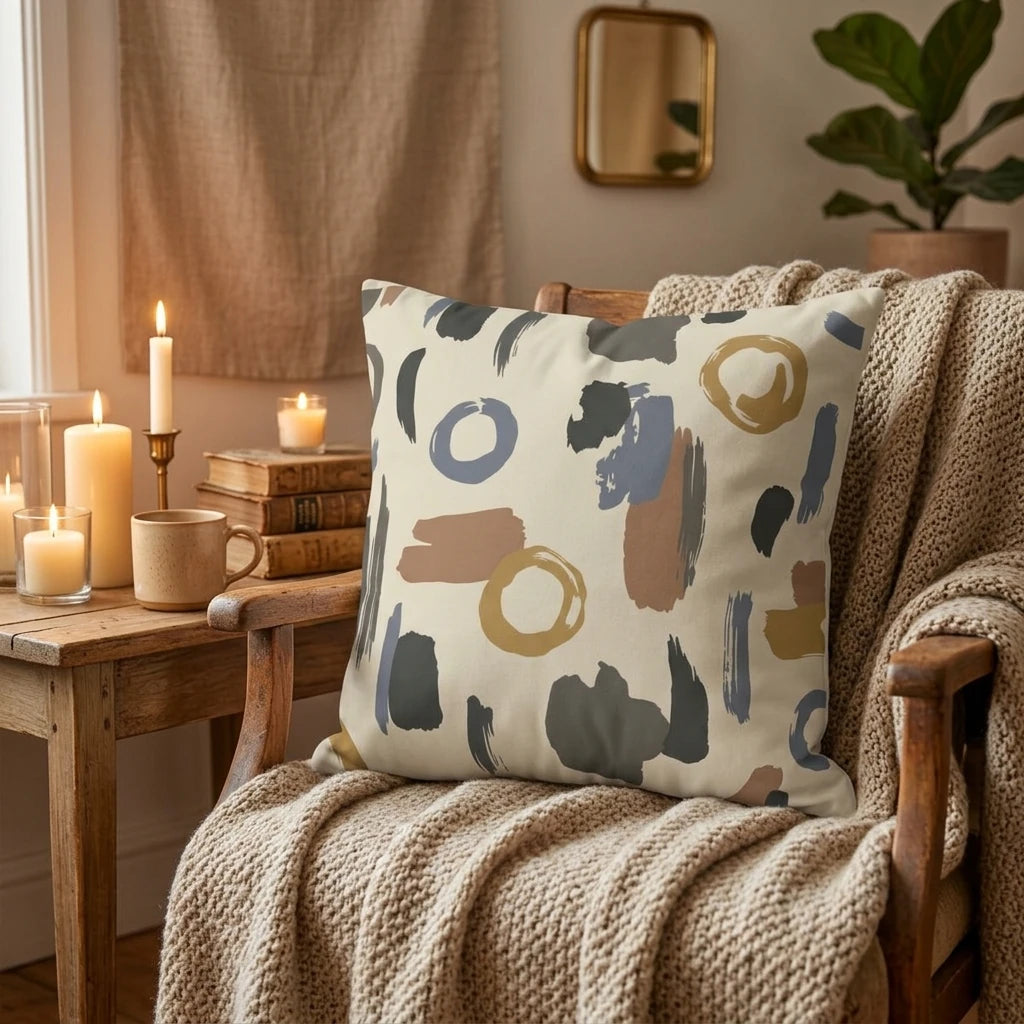 Abstract print throw pillow with earthy brushstrokes in grey, blue and ochre on a cozy wooden chair with a knit blanket and lit candles.