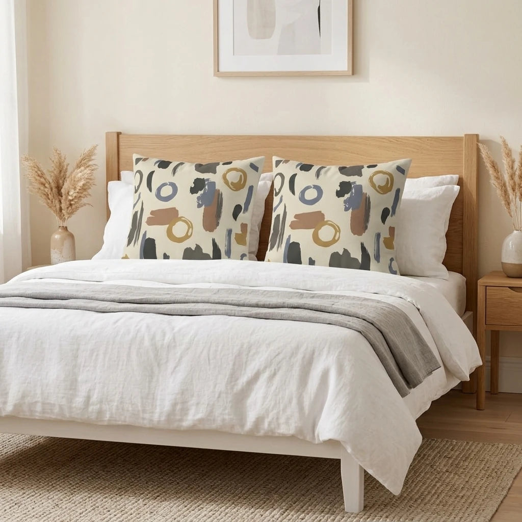 Set of two cushions featuring abstract ochre and grey brushstrokes on a white bed in a minimalist bedroom with a wooden headboard and jute rug.