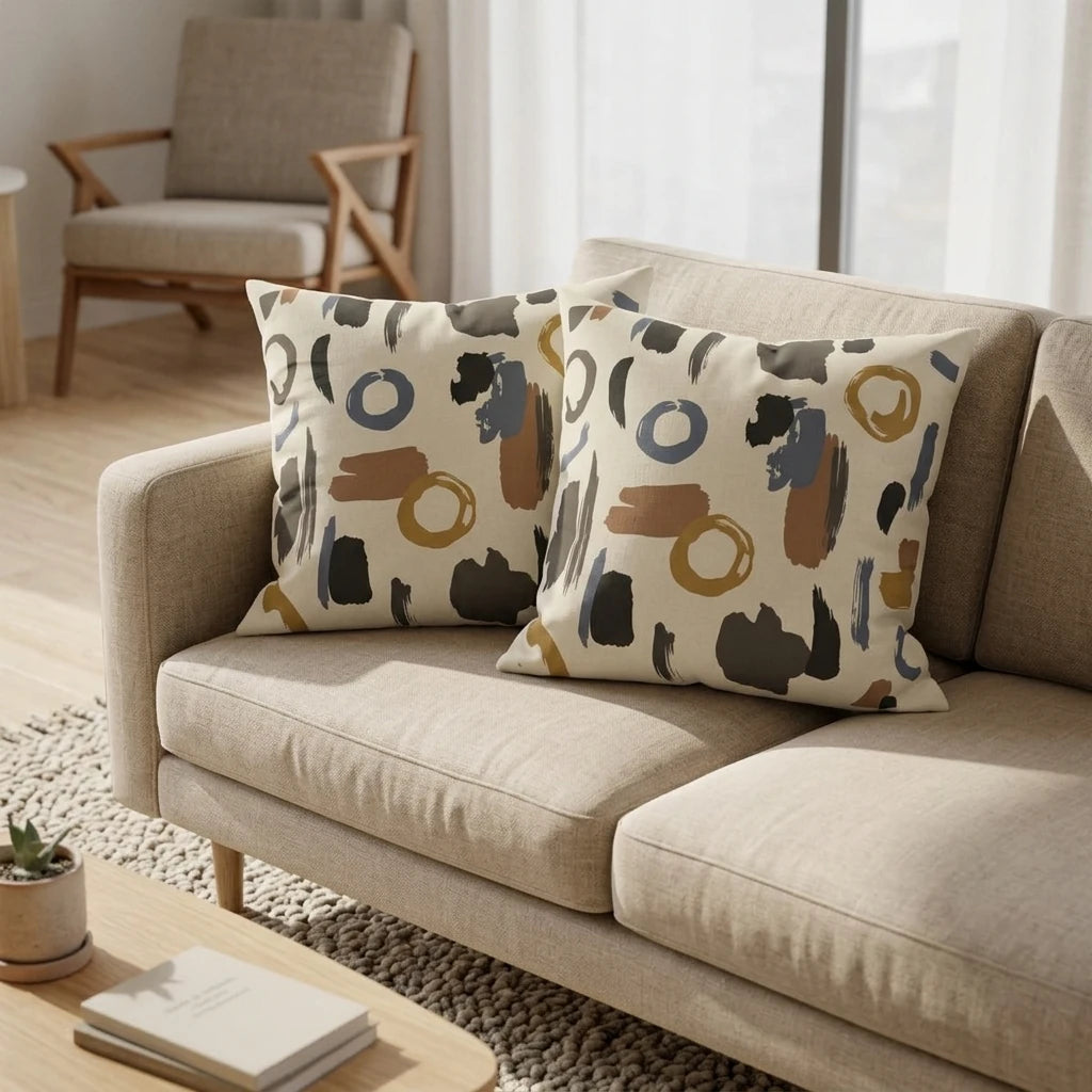 Two abstract patterned cushions with earthy brushstrokes on a beige sofa in a modern minimalist living room interior.