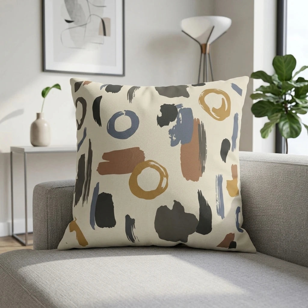 Modern abstract cushion with ochre and blue brushstrokes on a grey sofa in a minimalist living room with a plant and art.