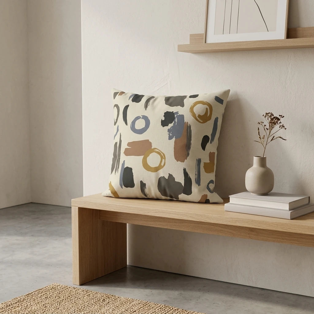 Minimalist interior featuring an abstract pattern cushion with mustard and grey shapes on a light wood bench with neutral home decor.