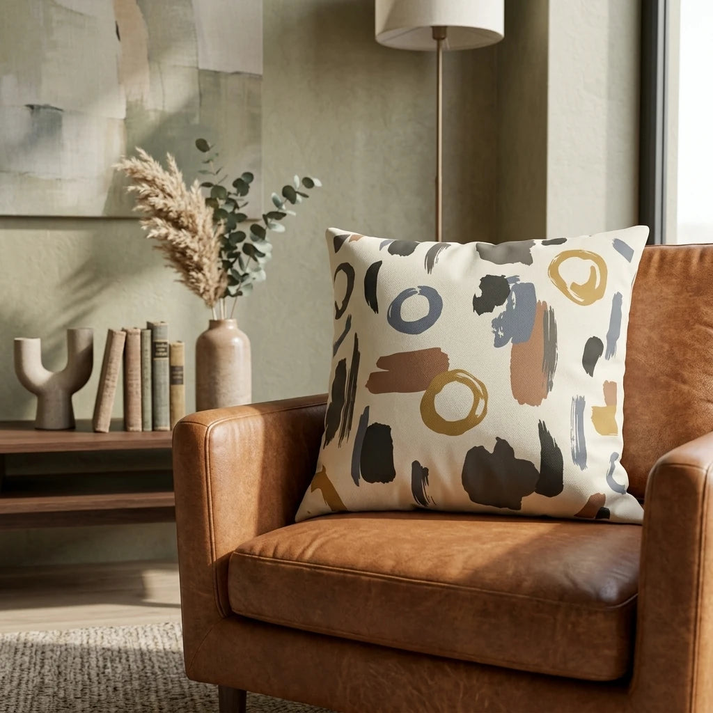 Decorative throw pillow featuring an abstract earthy pattern on a brown leather armchair in a modern, warm interior setting.