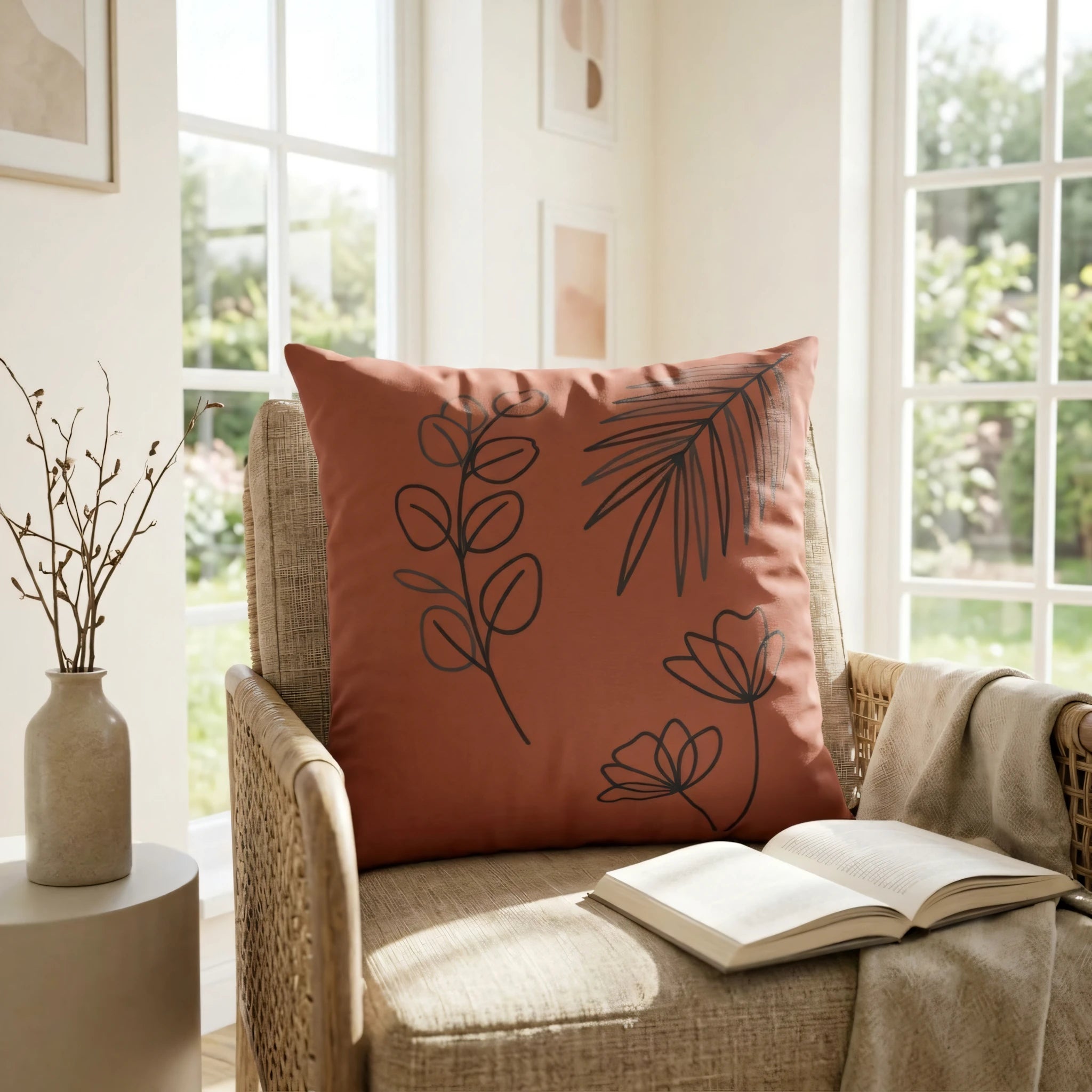 Terracotta throw pillow with black botanical designs on a rattan chair in a bright, airy living room near a window with an open book.