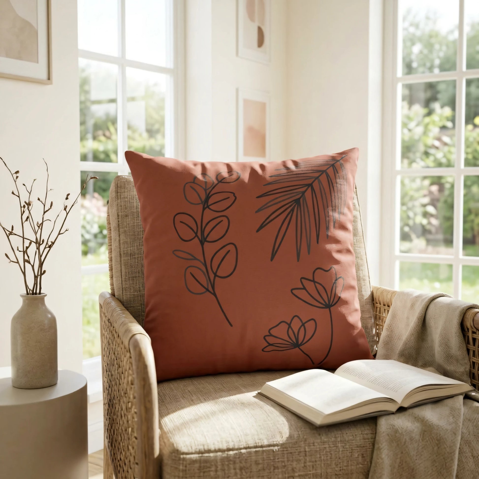 Terracotta throw pillow with black botanical designs on a rattan chair in a bright, airy living room near a window with an open book.