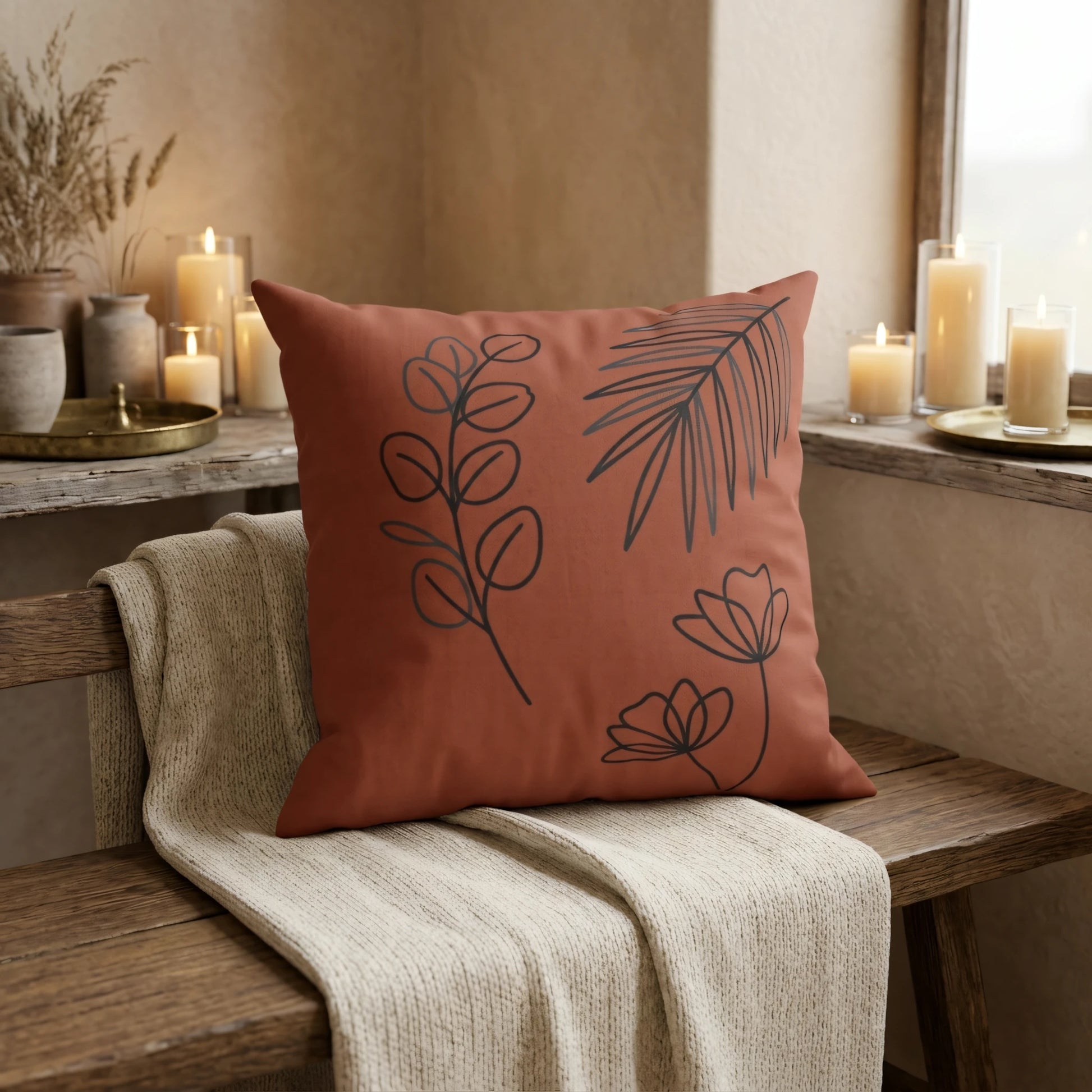 Terracotta pillow with black botanical line art on a wooden bench with a cream throw blanket and warm candles in a cozy setting.