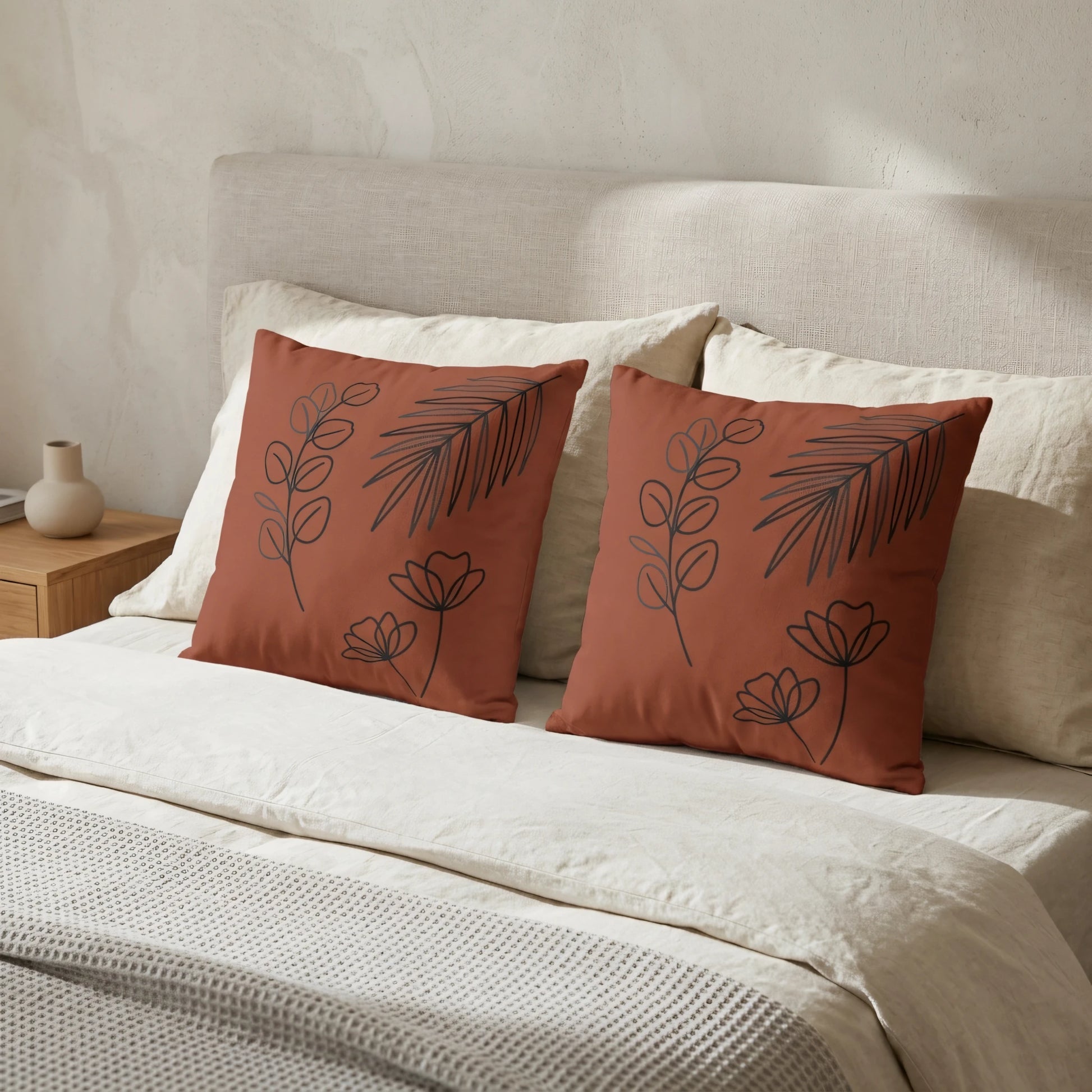Two terracotta throw pillows with black botanical line art on a minimalist cream-colored bed in a cozy, neutral bedroom lifestyle setting.