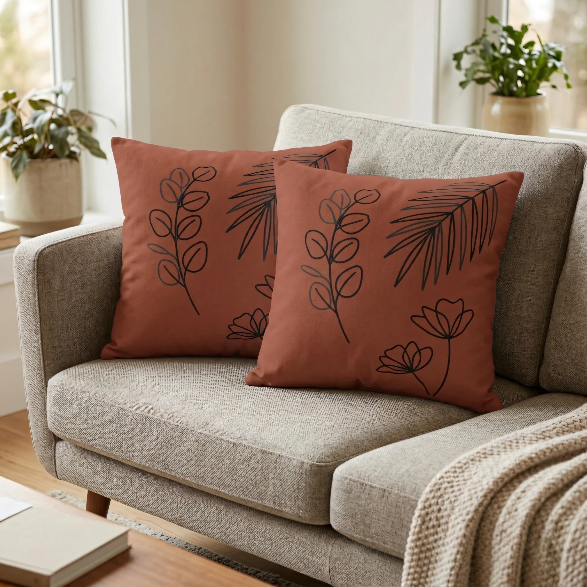 Pair of rust-colored throw pillows with black leaf line art on a beige couch. Modern living room lifestyle scene featuring botanical home decor.