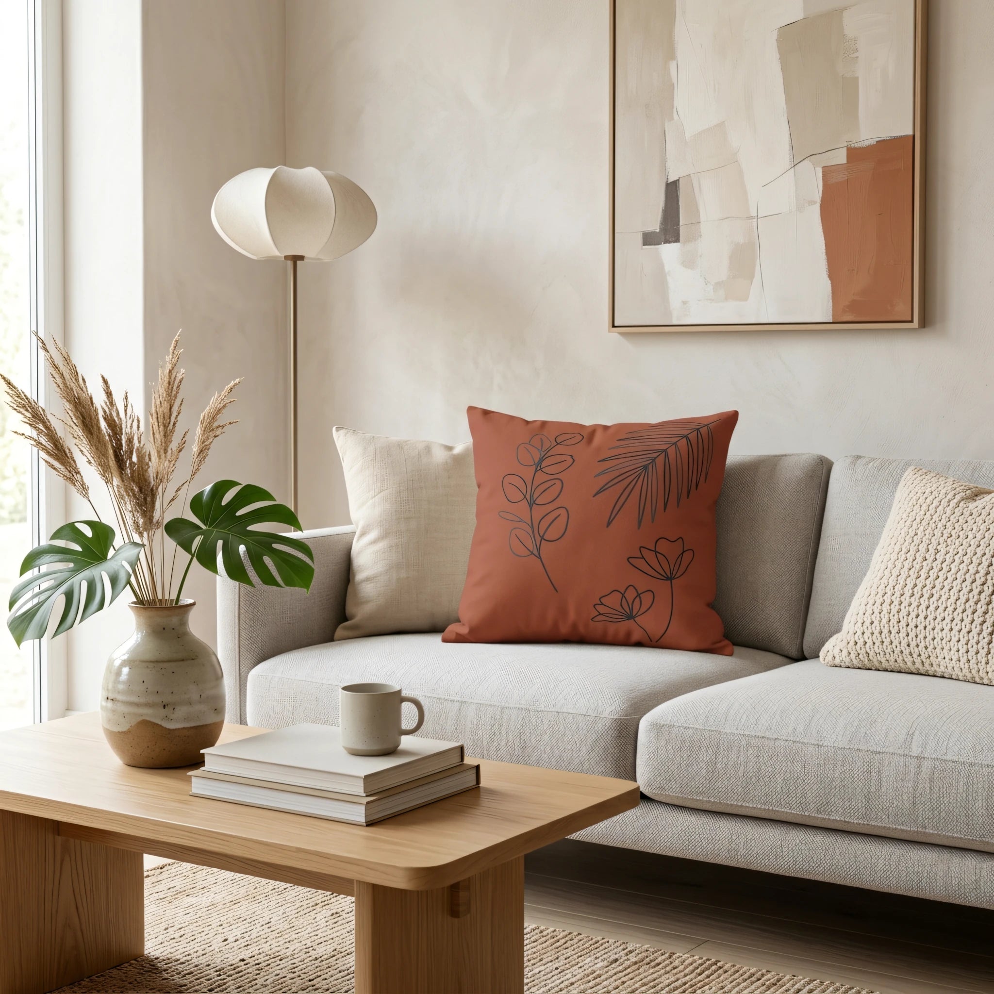 Modern rust cushion with black line art botanical patterns on a grey sofa in a minimalist living room lifestyle shot.