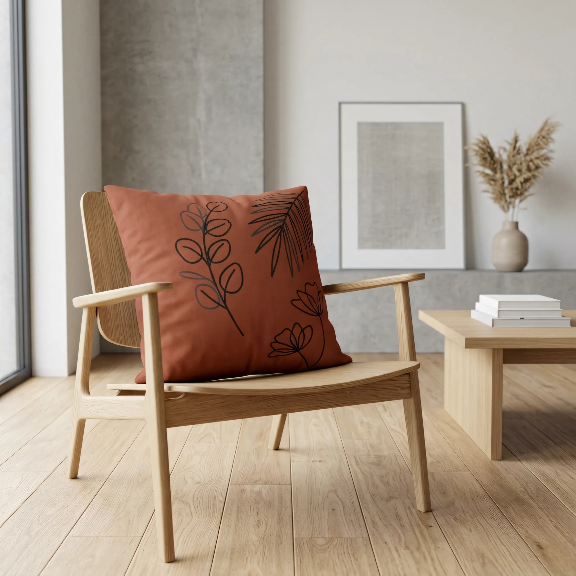 Rust orange cushion with black botanical line art on a modern wood chair in a minimalist interior with neutral decor and light wood floors.