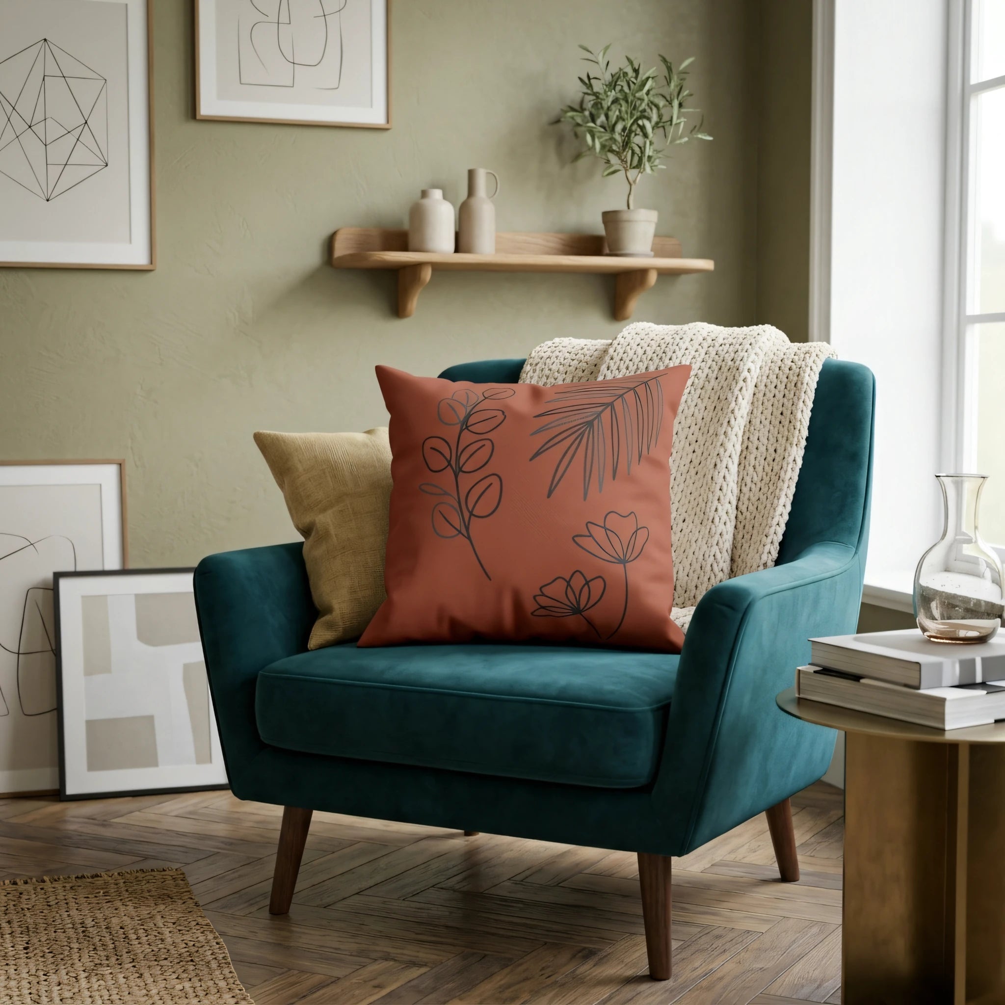 Terracotta decorative pillow featuring botanical leaf patterns on a teal armchair in a cozy living room setting with modern wall art.