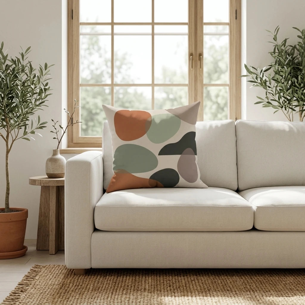 Modern throw pillow with organic shapes in terracotta and green on a neutral sofa in a sunlit, contemporary living room.