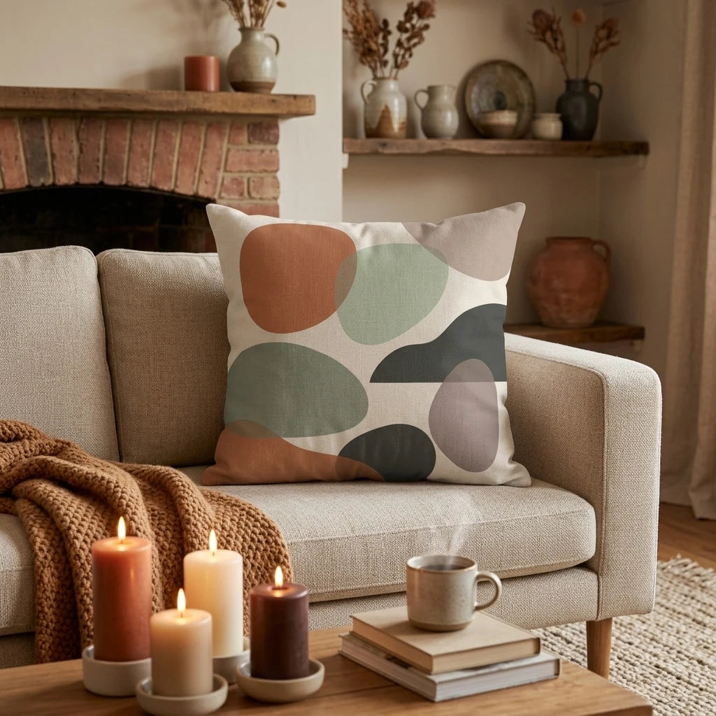 Modern abstract throw pillow with earth-toned organic shapes on a beige sofa, featuring a cozy fireplace and lit candles in the background.