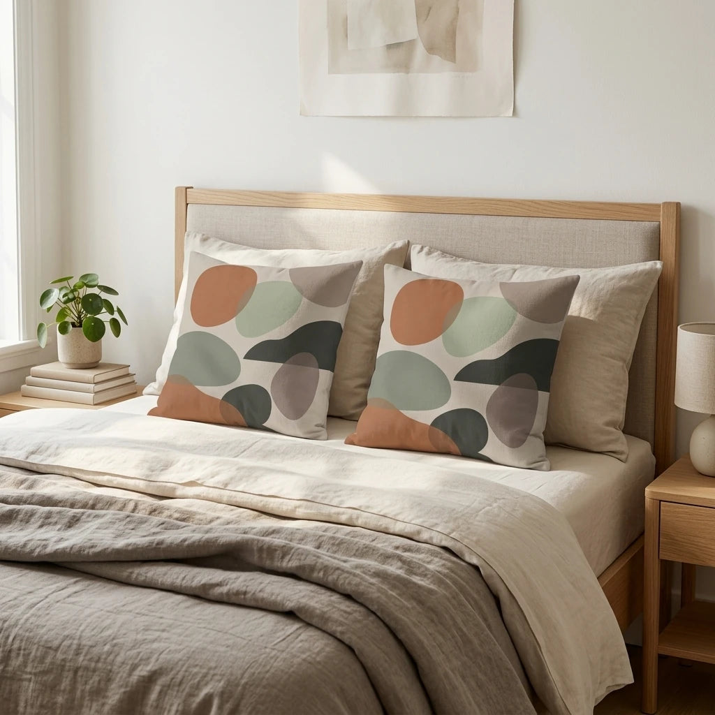 Duo of throw pillows with abstract organic shapes in terracotta and sage on a minimalist bed with a wooden headboard and beige linen bedding.