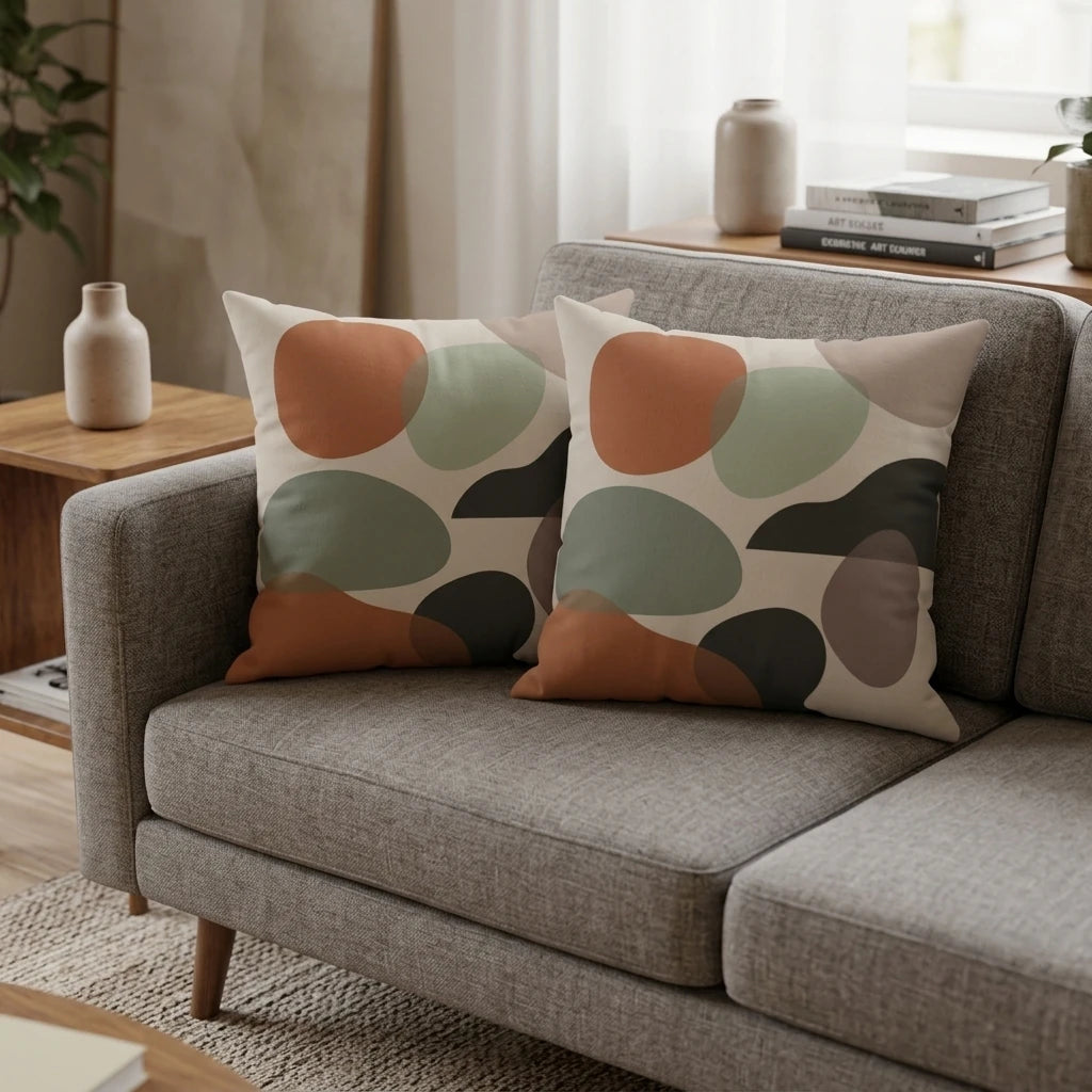 Two decorative pillows with abstract mid-century patterns in terracotta and sage green, styled on a grey sofa in a modern living room setting.