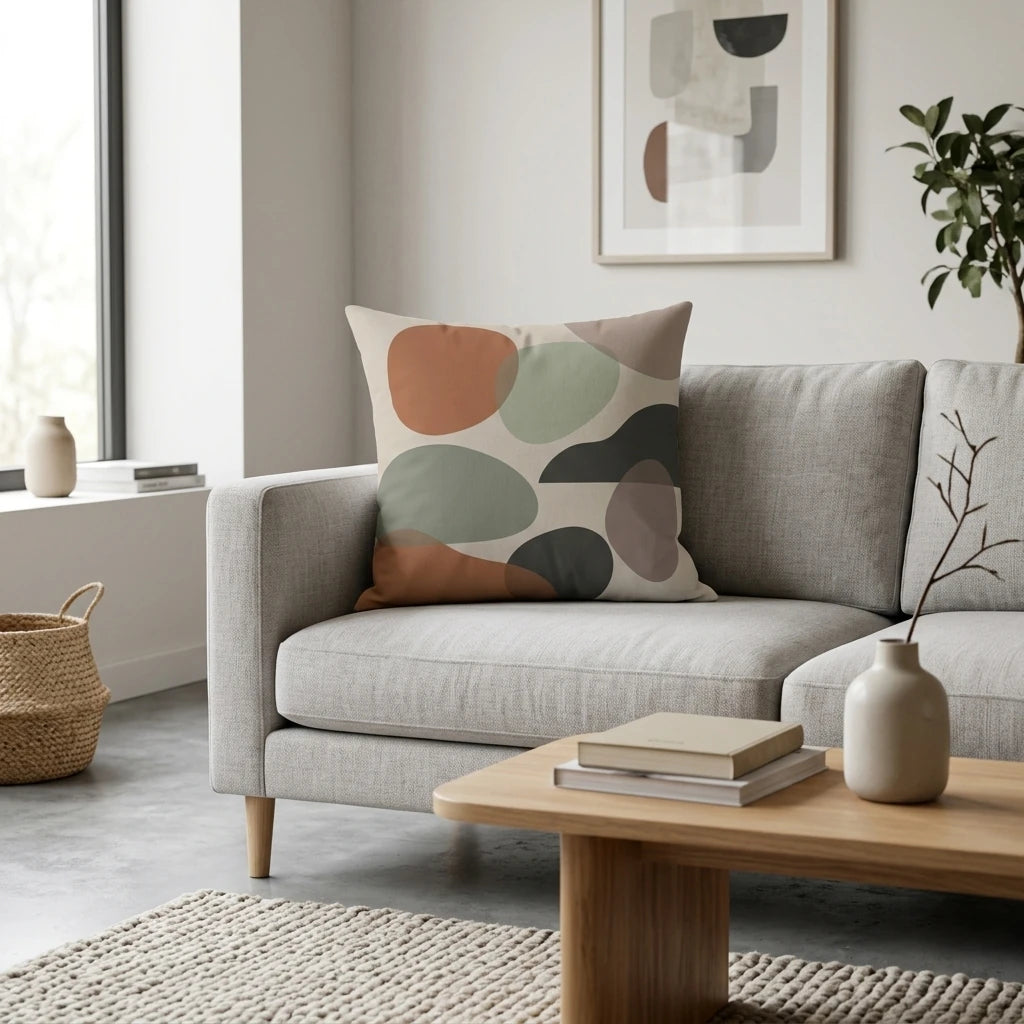 Abstract throw pillow with terracotta and sage organic shapes on a grey sofa in a modern minimalist living room setting with wooden accents.