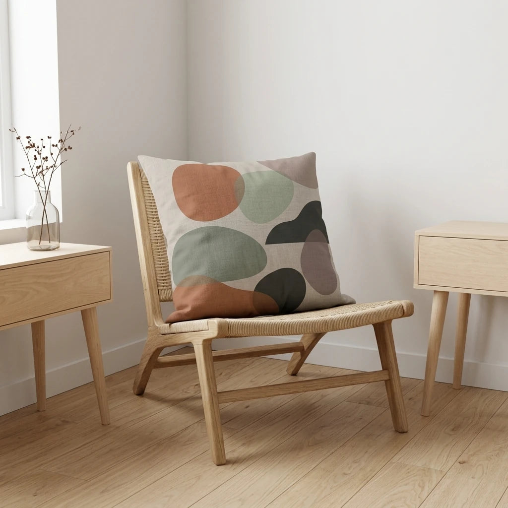 Abstract pattern cushion with earthy terracotta and sage green shapes on a wooden chair in a bright, minimalist interior lifestyle setting.