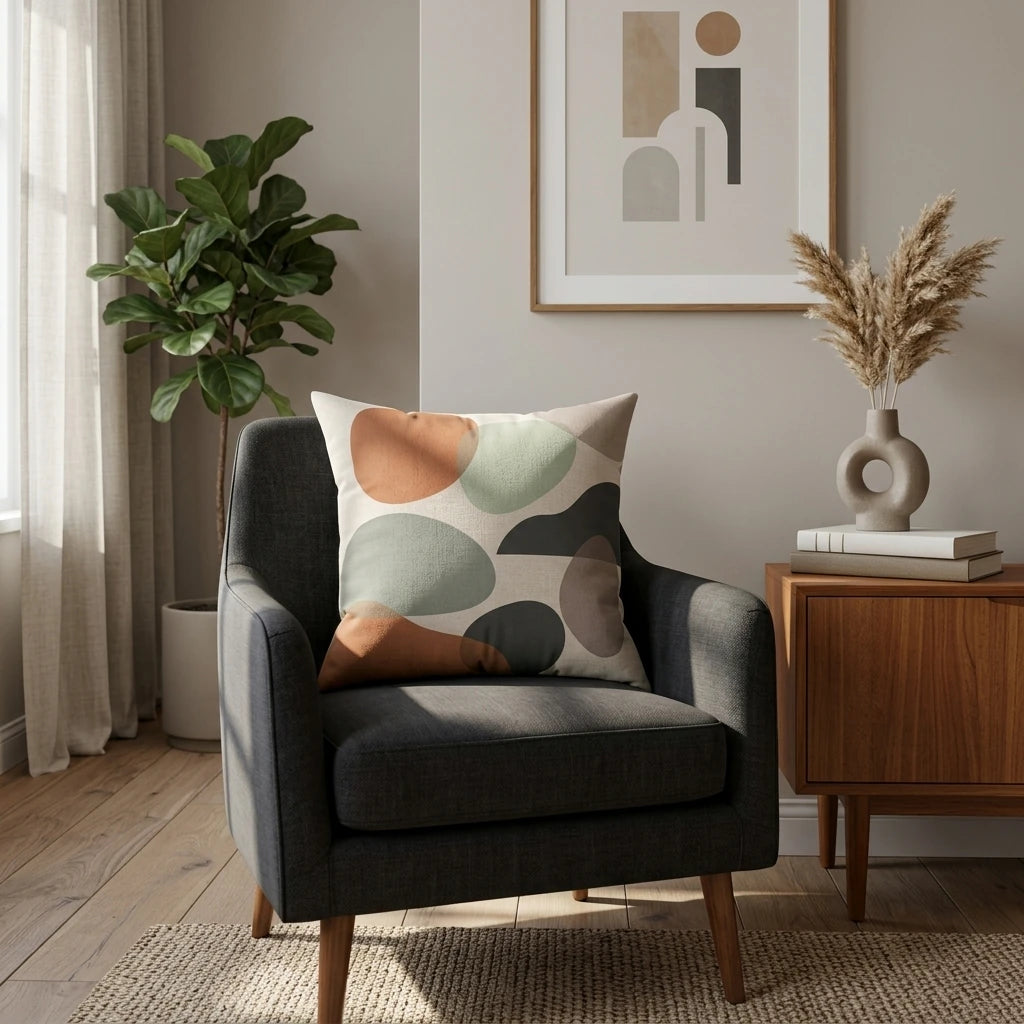 Abstract pattern throw pillow in sage and terracotta on a gray armchair. Minimalist living room lifestyle shot with wooden furniture and plants.