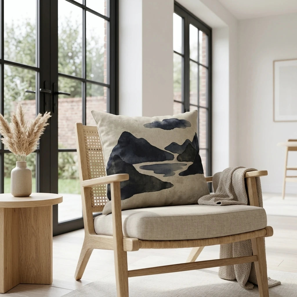 Square watercolor mountain landscape cushion on a wooden armchair in a bright living room with minimalist decor and large windows.