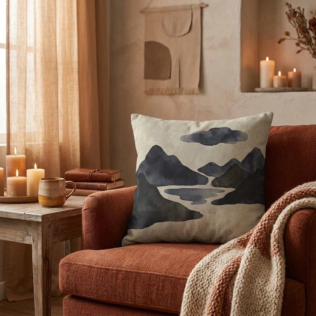 Watercolor mountain landscape pillow on a burnt orange armchair in a cozy room with warm candlelight and a soft knit throw.