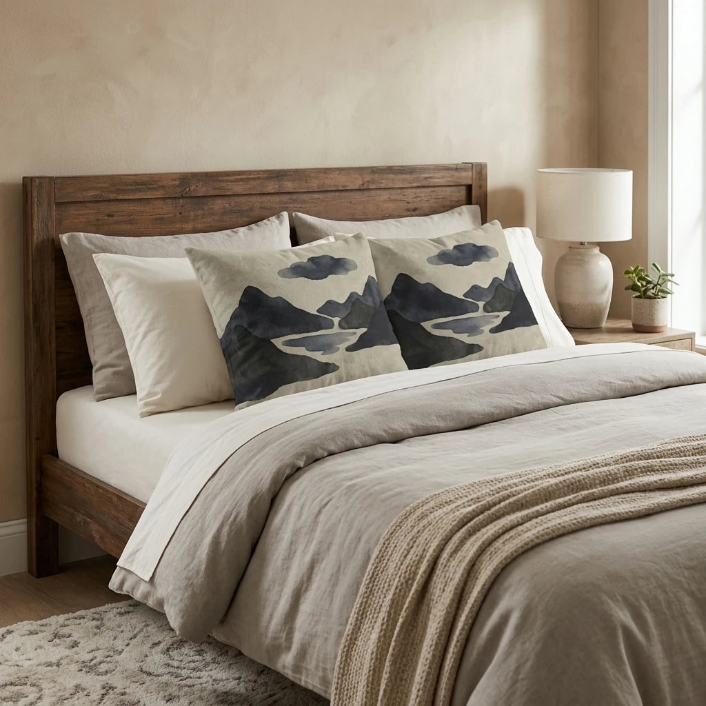 Decorative pillows with a watercolor mountain design in blue and neutral tones displayed on a rustic wood bed with soft beige linens and a lamp.
