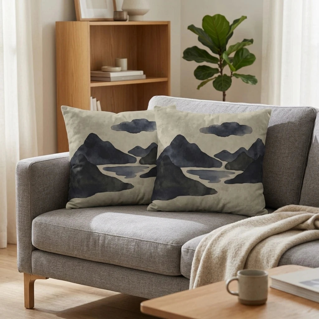 Duo of pillows with watercolor mountain patterns in blue and grey on a modern fabric sofa in a cozy, bright living room interior.