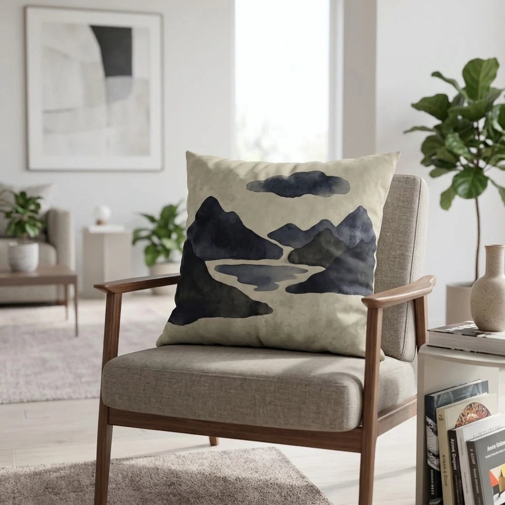 Navy abstract mountain landscape throw pillow on a wooden armchair in a bright modern living room setting.