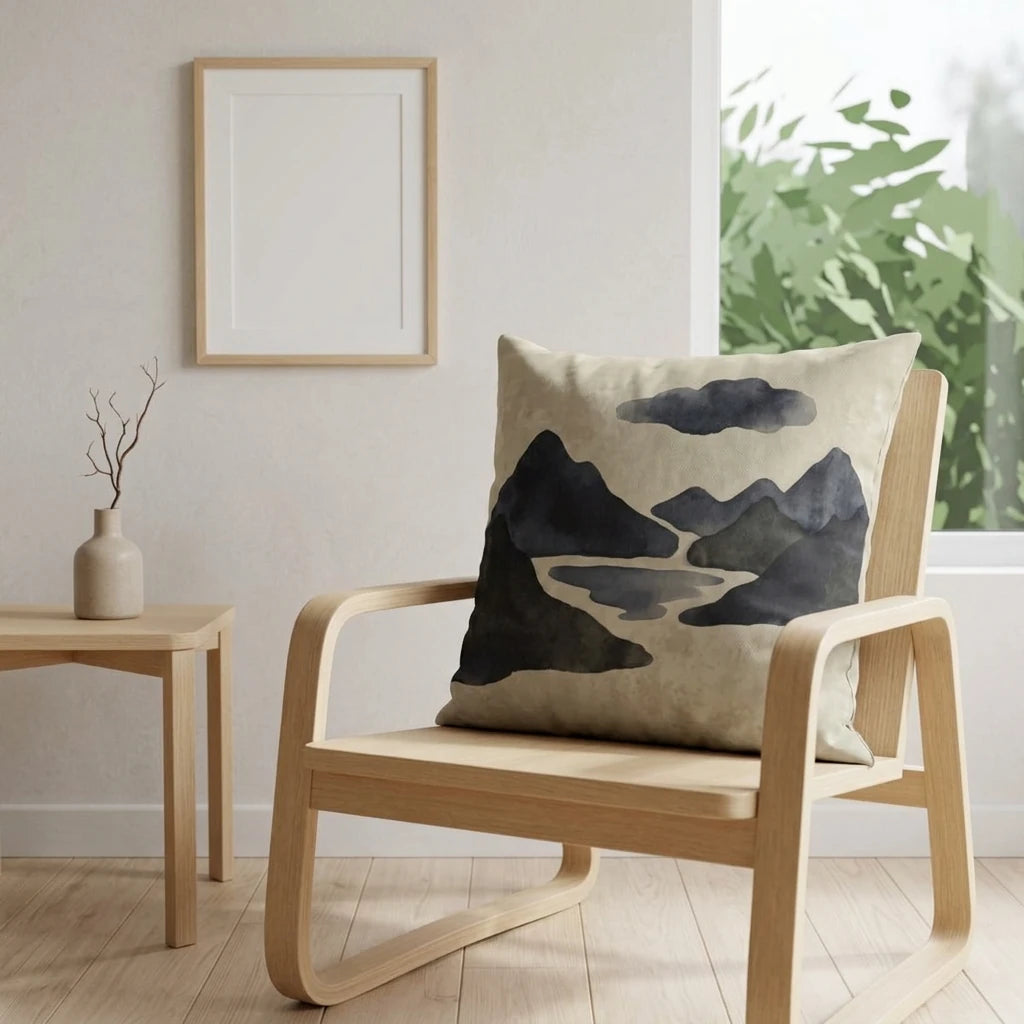 Minimalist interior scene featuring a throw pillow with a navy watercolor mountain landscape on a wooden armchair beside a window.