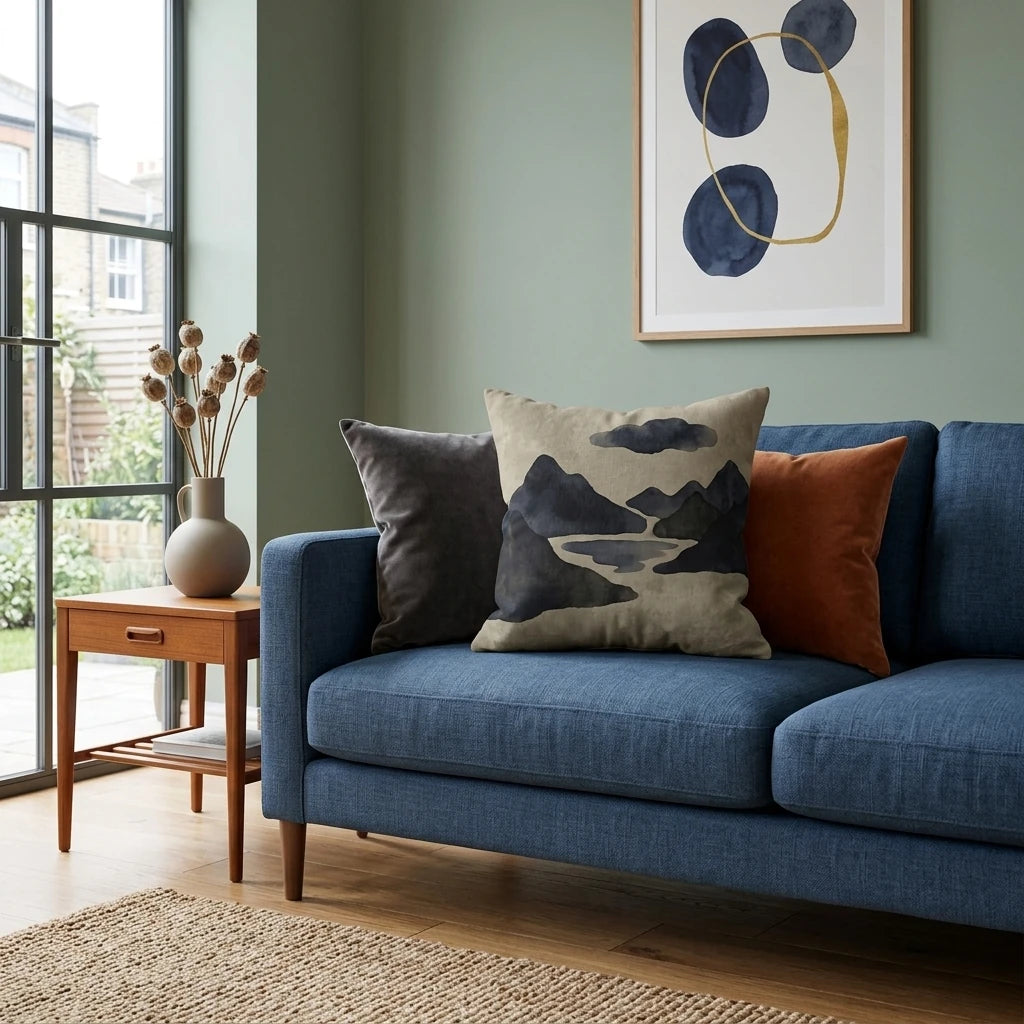 Mountain landscape pattern cushion on a navy blue sofa in a stylish living room with abstract wall art and warm orange accents.