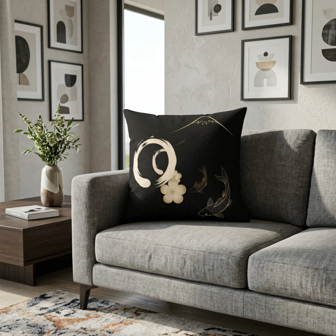 Front view of Minimalist Japanese Motif Cushion Noir Gold Fuji En on a white background.
